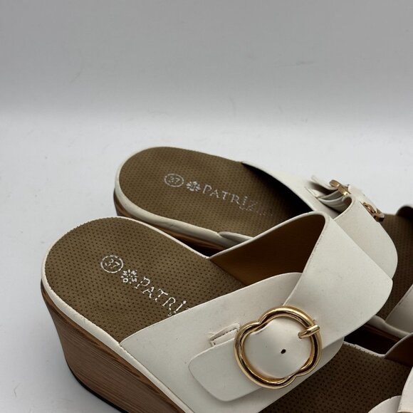 Patrizia Womens 37 White Platform Wedge Sandals Gold Buckle Slide Slip On Shoes - Picture 3 of 7